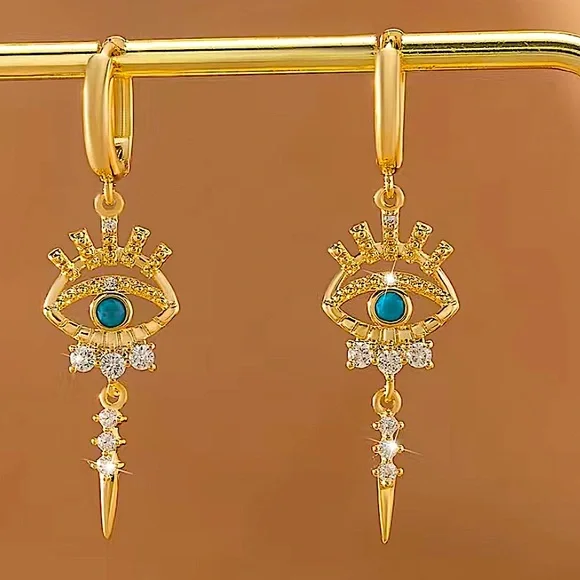 Gold 14K Evil Eye Hoop Zircon Drop Dangling Minimalist Earrings - Picture 3 of 8